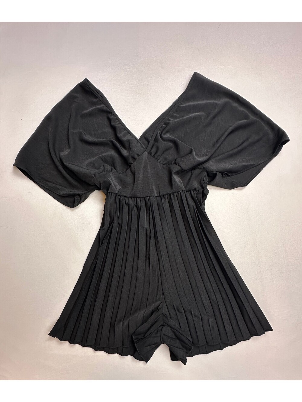 SHEIN Black Pleated V-Neck Romper Flut Wide Sleeves L